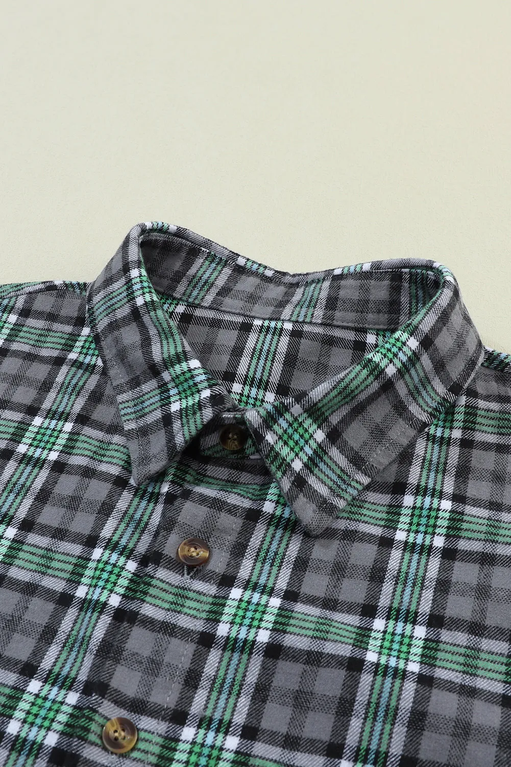 Blackish Green Contrast Plaid Patchwork Chest Pocket Button up Shacket