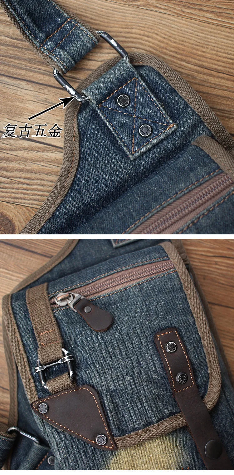 Blue Denim Mens Biker Waist Bag Chest Bag Vintage Denim Sling Bag For Men