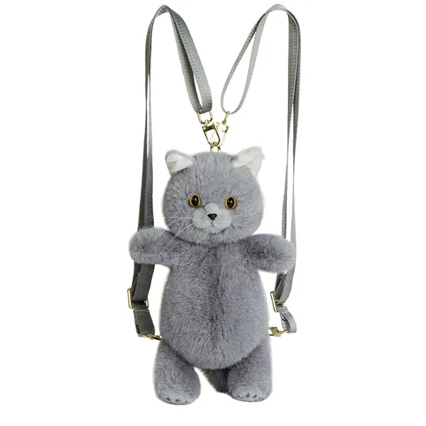 Blue Plush Cat Backpack - Adorable Furry Design - Lightweight School Bag - Soft and Durable