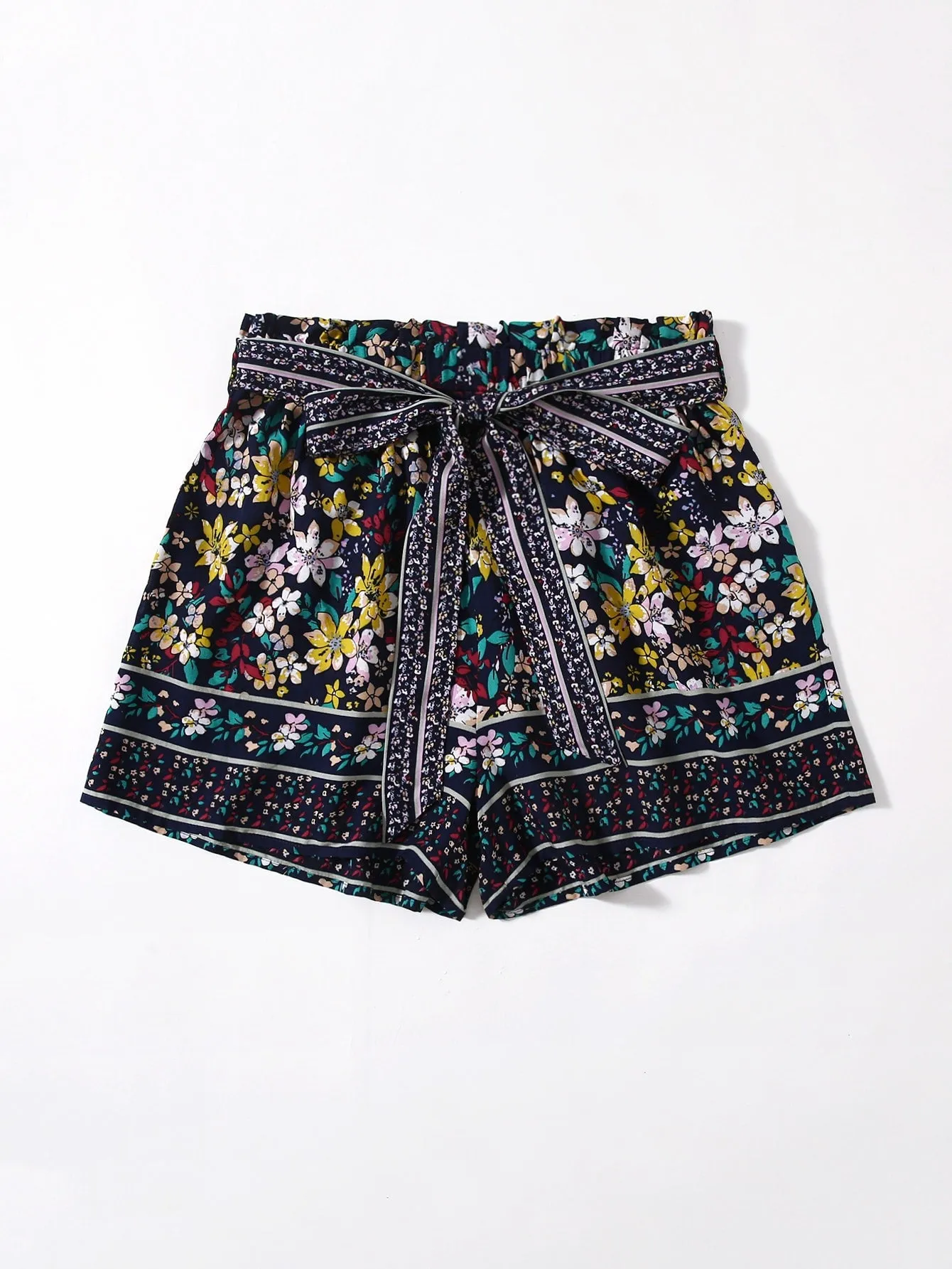 Boho Floral Paper Bag Waist High Waist Women Shorts