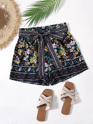 Boho Floral Paper Bag Waist High Waist Women Shorts