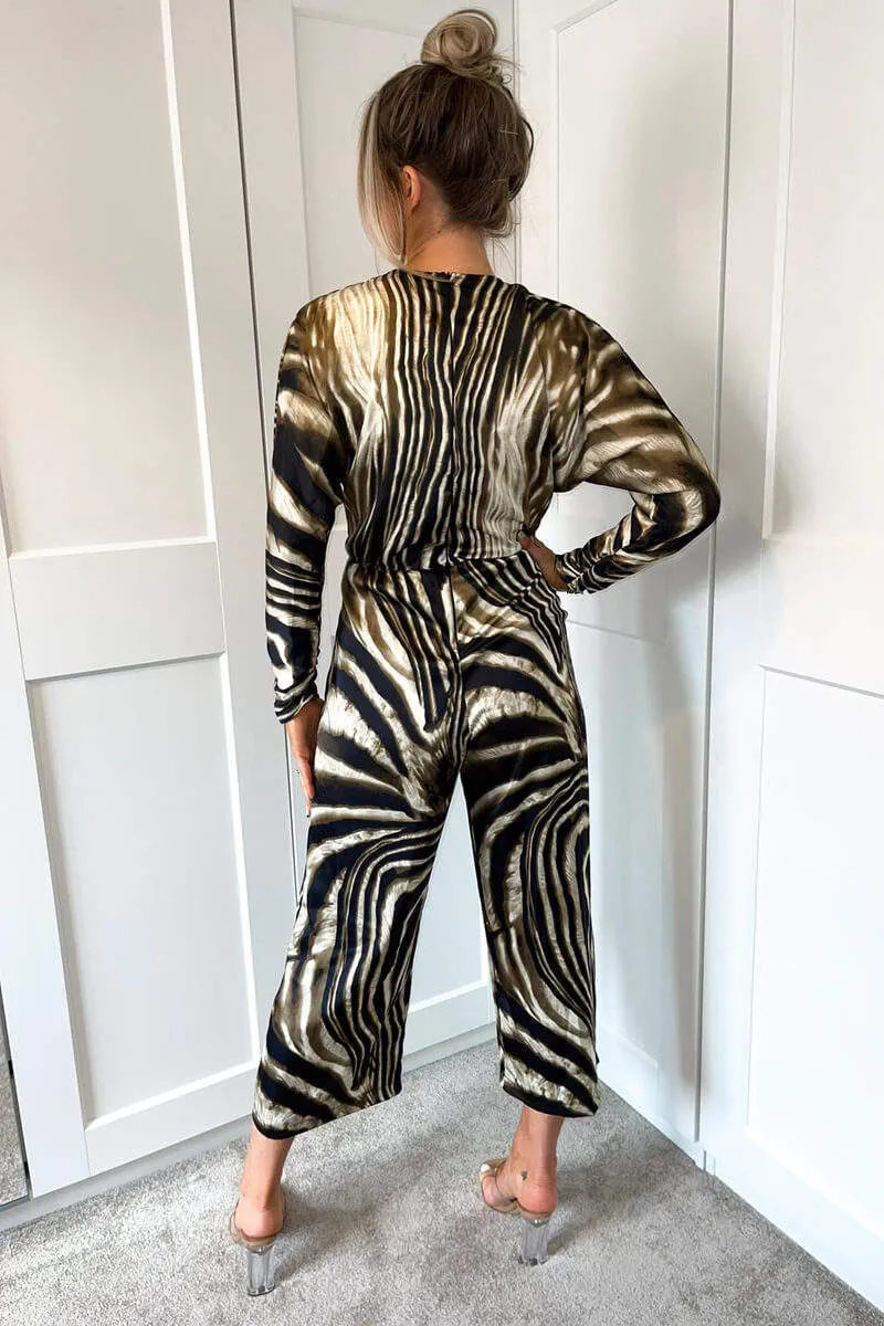 Brown Printed Bat Wing Wrap Top Jumpsuit