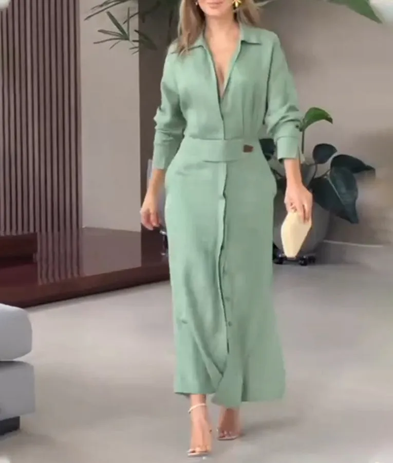 Casual Lapel Long Sleeves Solid Color Dress