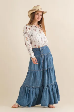 Chambray Tiered Denim Skirt