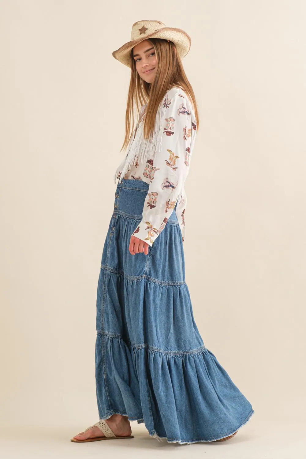 Chambray Tiered Denim Skirt