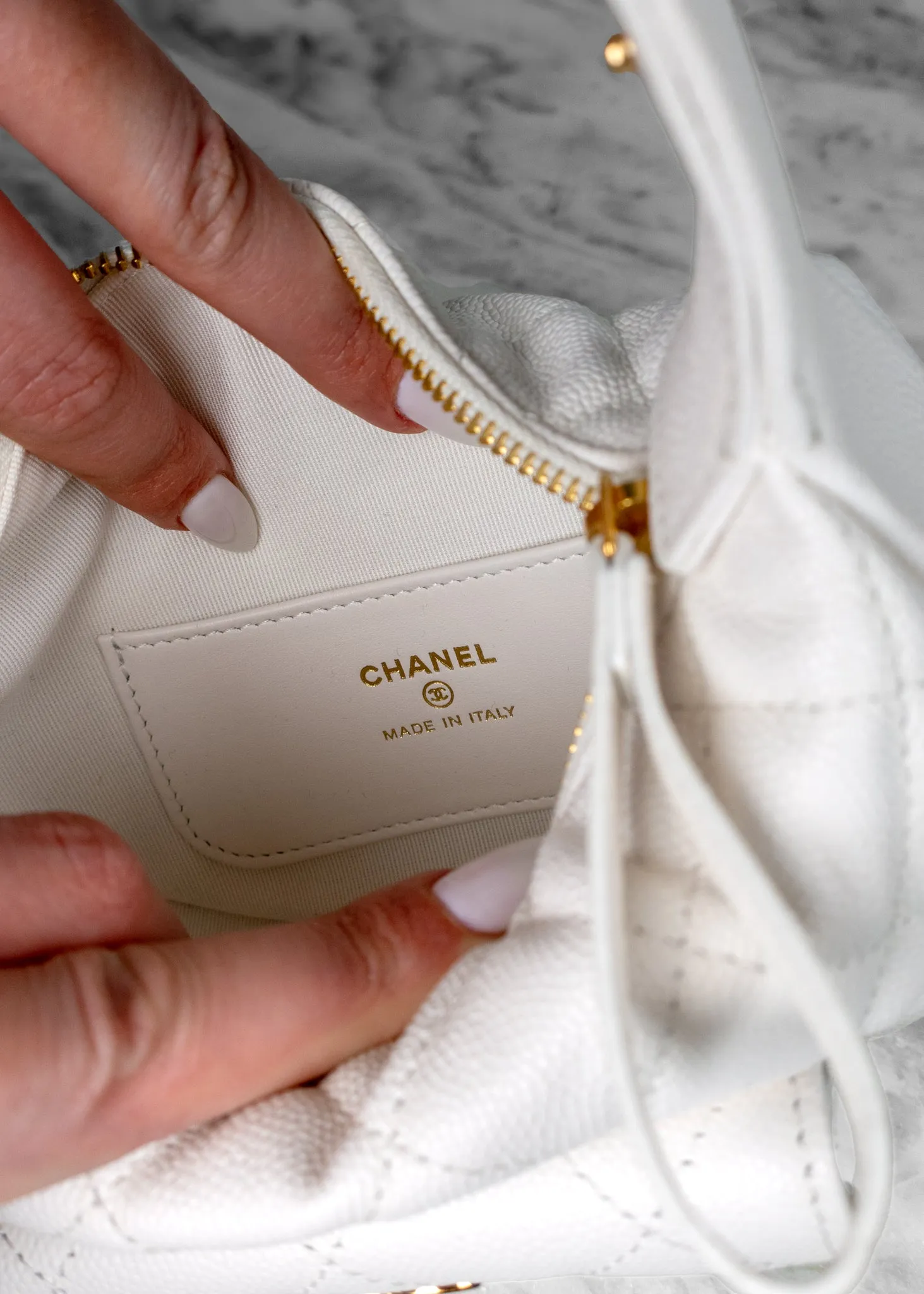 Chanel Caviar Quilted Polly Pocket Pouch Hobo White