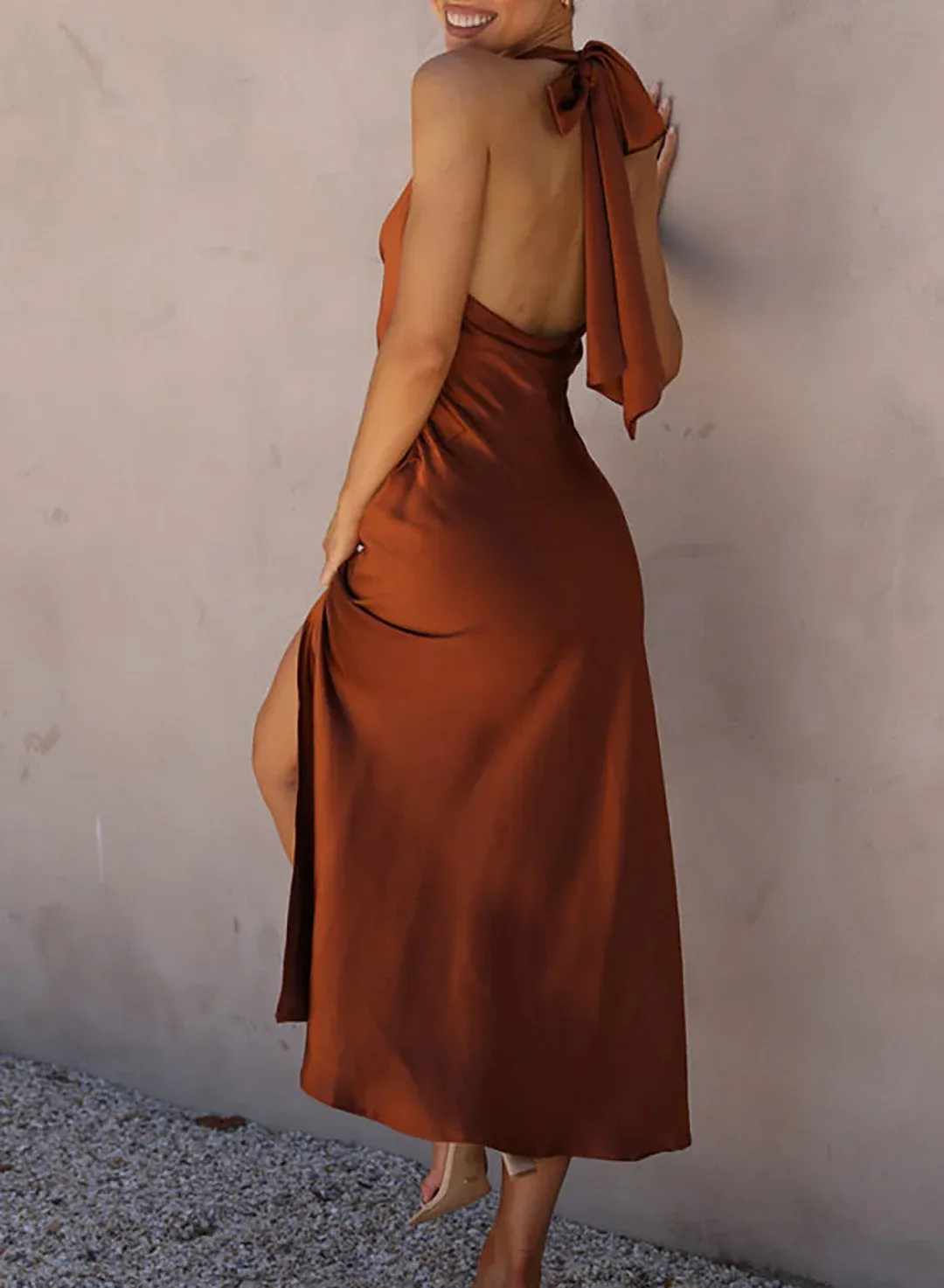 Chic Solid Halter Slit Backless Dress