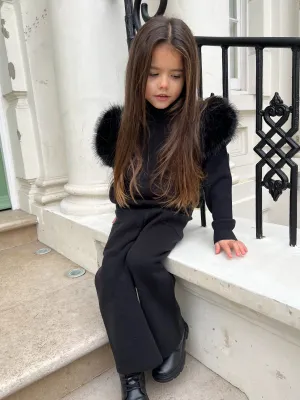 Childrens Black Premium Faux Fur Roll Neck Wide Leg Tracksuit