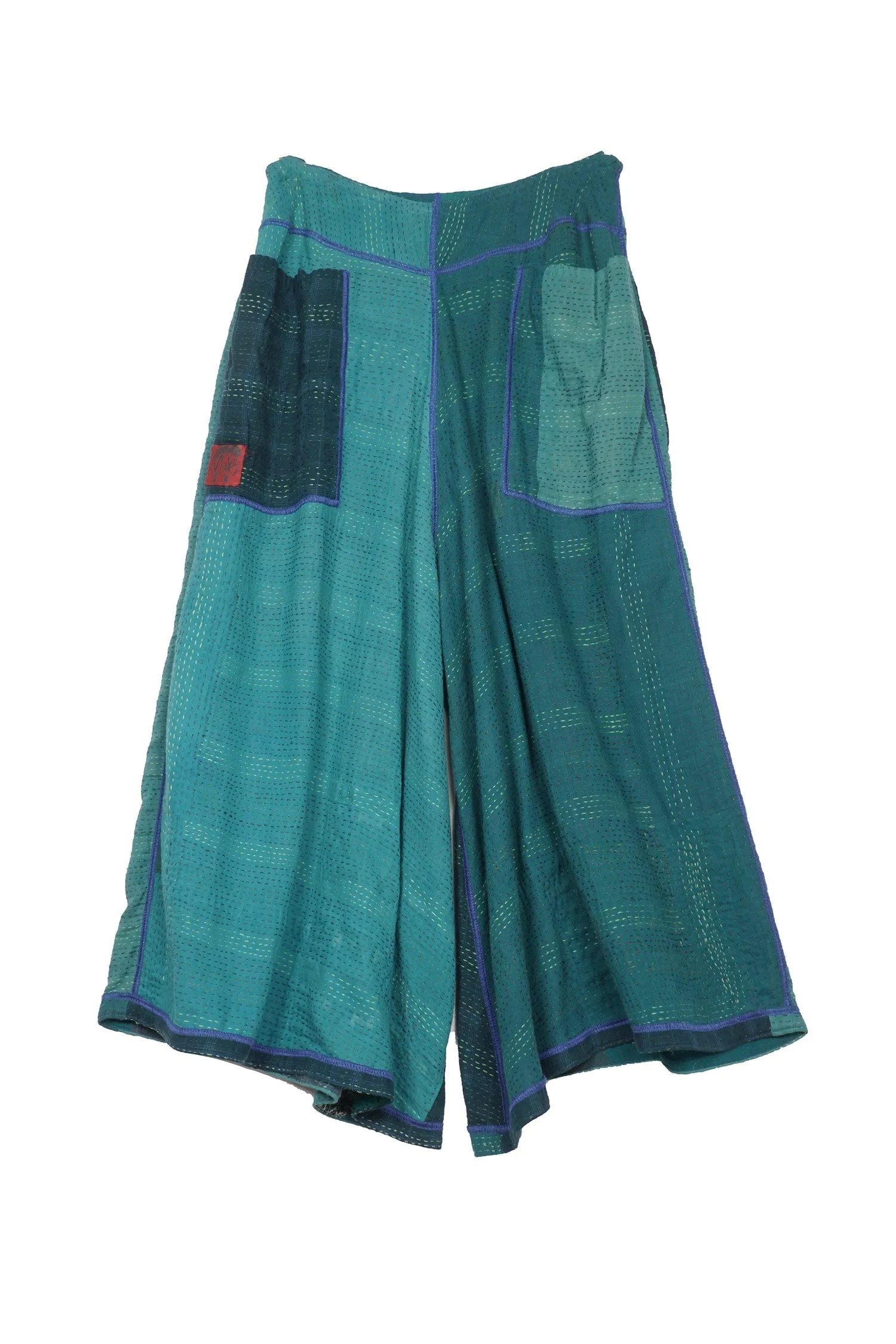 COTTON SILK SW PATCH KANTHA WIDE LEG SHORT PANTS - ws2624-tel -