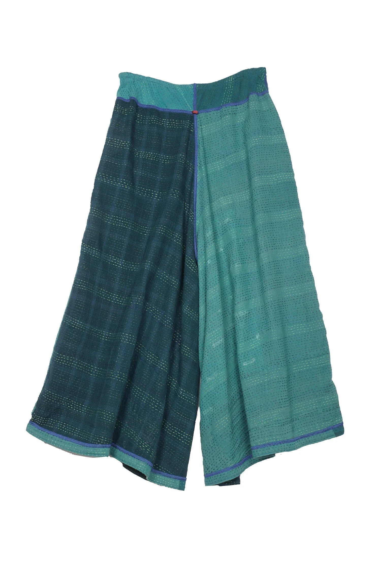 COTTON SILK SW PATCH KANTHA WIDE LEG SHORT PANTS - ws2624-tel -