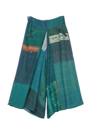 COTTON SILK SW PATCH KANTHA WIDE LEG SHORT PANTS - ws2624-tel -