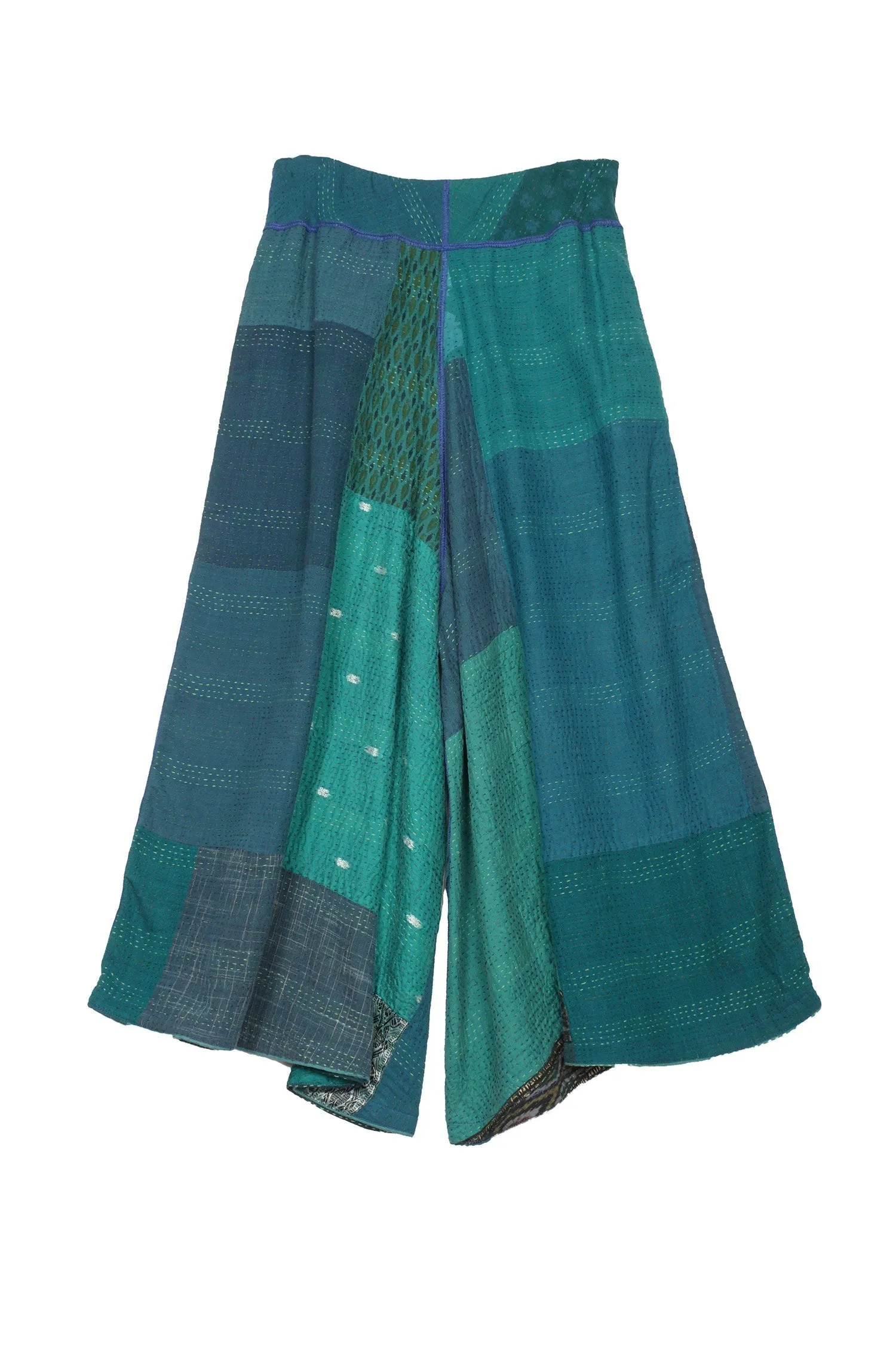 COTTON SILK SW PATCH KANTHA WIDE LEG SHORT PANTS - ws2624-tel -