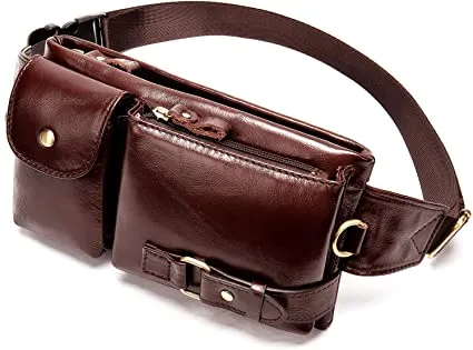 Cowhide Brown Genuine Leather Fanny Pack Waist Bag w/Adjustable Straps