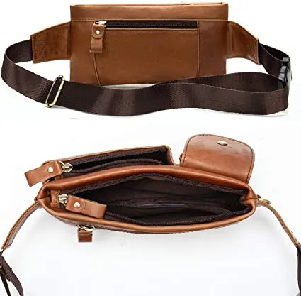 Cowhide Brown Genuine Leather Fanny Pack Waist Bag w/Adjustable Straps