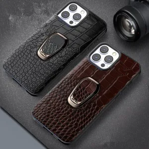 Cowhide Leather Phone Case With Classic Crocodile Metal Ring Holder For iPhone