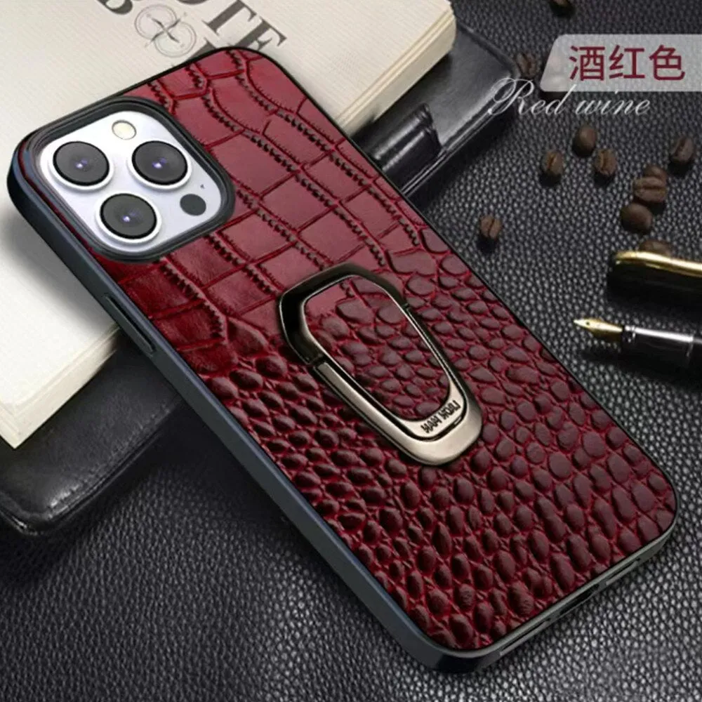 Cowhide Leather Phone Case With Classic Crocodile Metal Ring Holder For iPhone