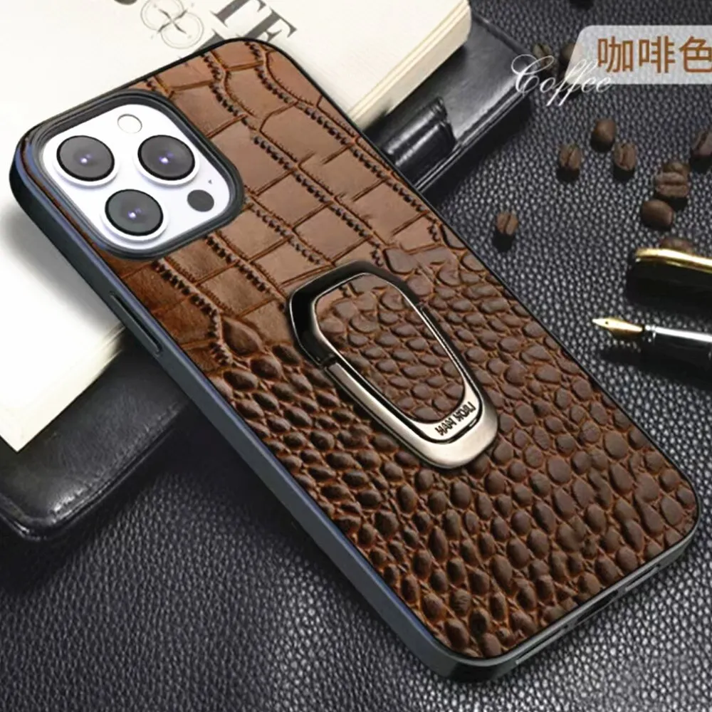 Cowhide Leather Phone Case With Classic Crocodile Metal Ring Holder For iPhone