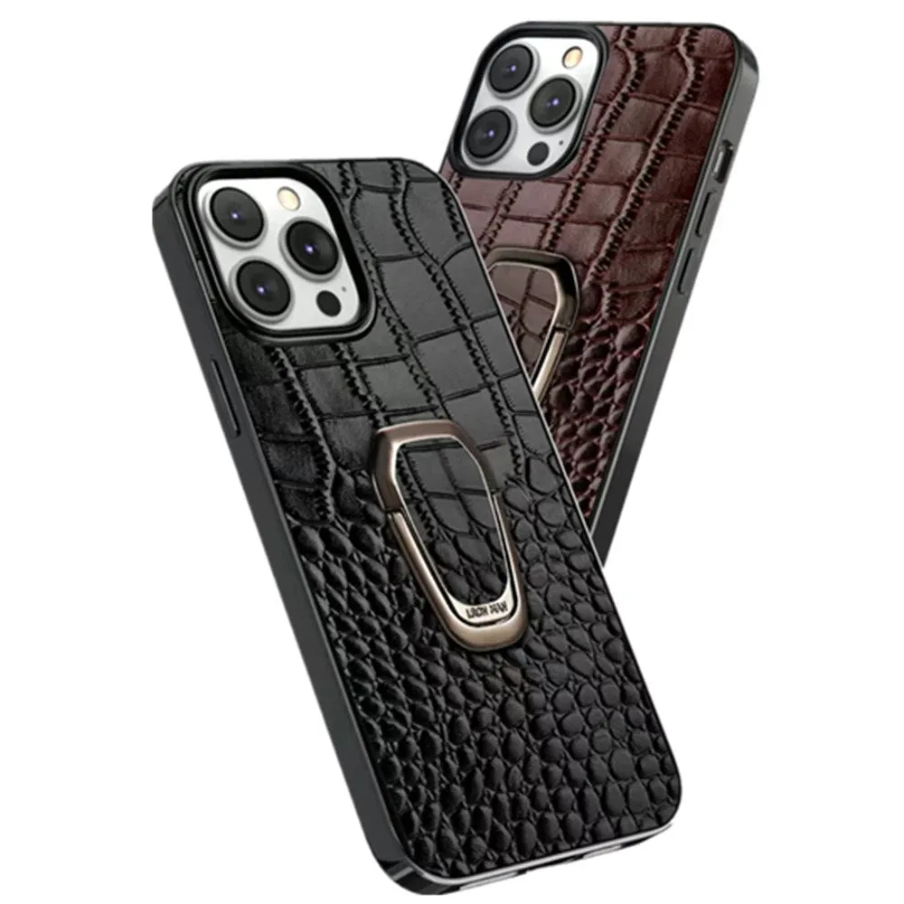 Cowhide Leather Phone Case With Classic Crocodile Metal Ring Holder For iPhone