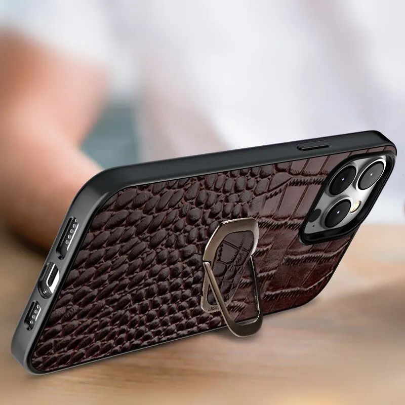 Cowhide Leather Phone Case With Classic Crocodile Metal Ring Holder For iPhone