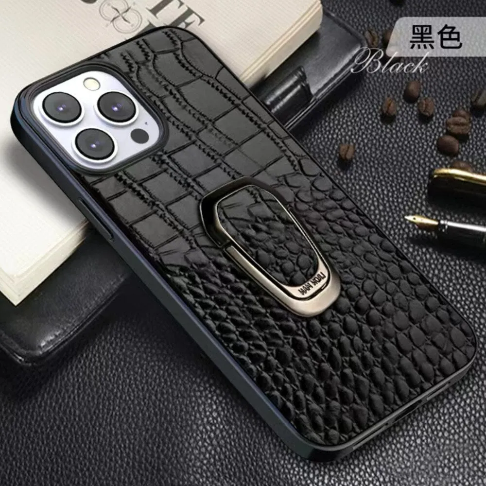 Cowhide Leather Phone Case With Classic Crocodile Metal Ring Holder For iPhone