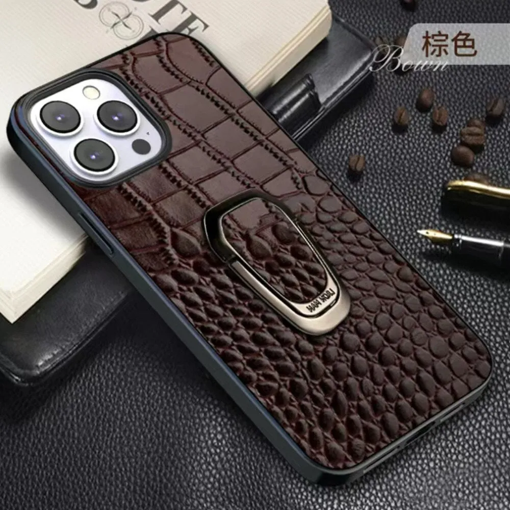 Cowhide Leather Phone Case With Classic Crocodile Metal Ring Holder For iPhone