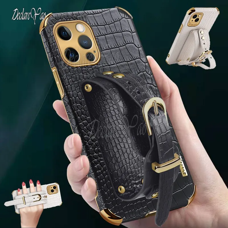 Crocodile Pattern PU Leather Soft Phone Case With Wristband For iPhone