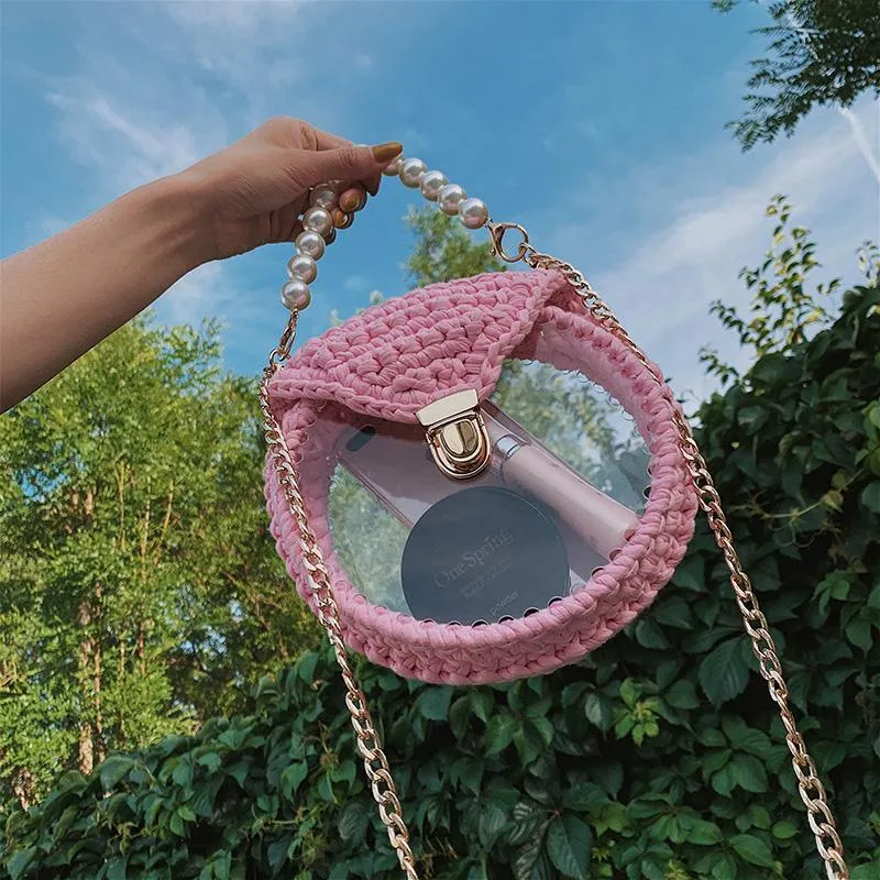 Cute Round Red(Flap) Crochet Crossbody Purse PMMA Crochet Shoulder Round Handbag for Girl Circle Crochet Crossbody Purses