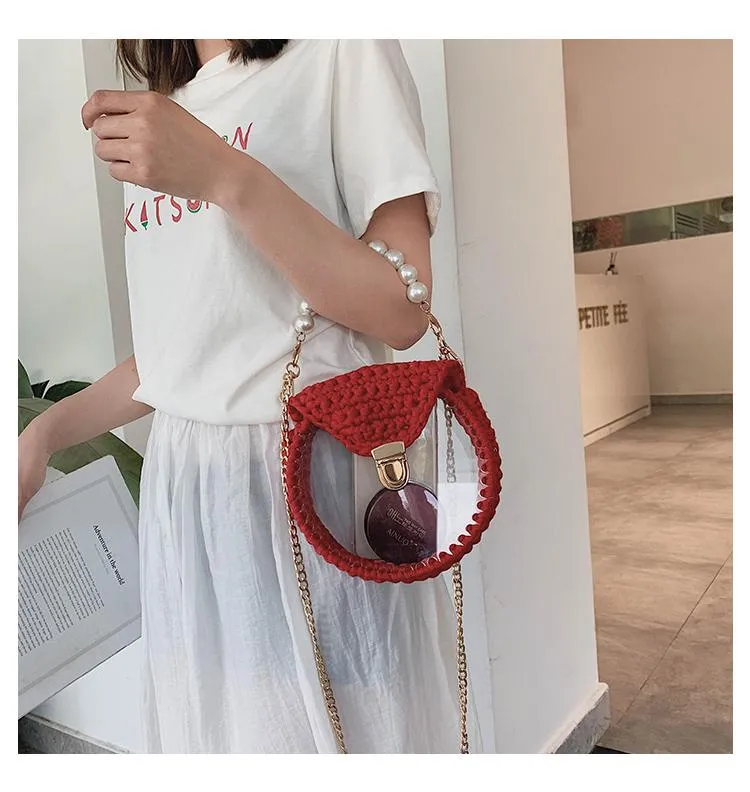 Cute Round Red(Flap) Crochet Crossbody Purse PMMA Crochet Shoulder Round Handbag for Girl Circle Crochet Crossbody Purses