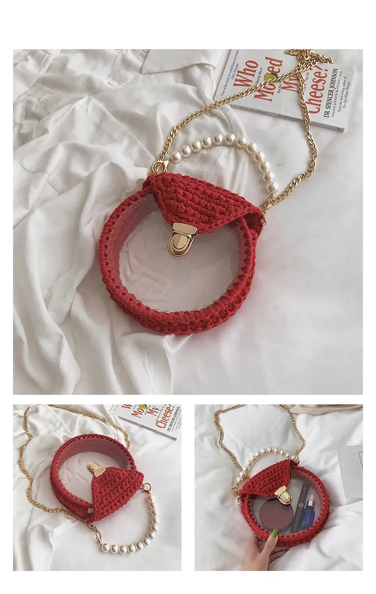 Cute Round Red(Flap) Crochet Crossbody Purse PMMA Crochet Shoulder Round Handbag for Girl Circle Crochet Crossbody Purses