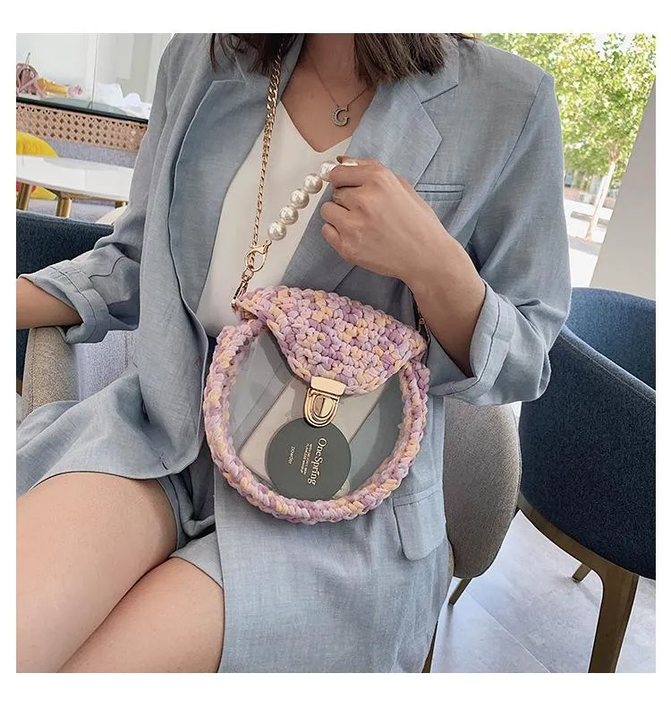 Cute Round Red(Flap) Crochet Crossbody Purse PMMA Crochet Shoulder Round Handbag for Girl Circle Crochet Crossbody Purses