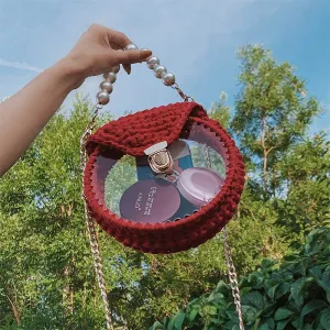 Cute Round Red(Flap) Crochet Crossbody Purse PMMA Crochet Shoulder Round Handbag for Girl Circle Crochet Crossbody Purses