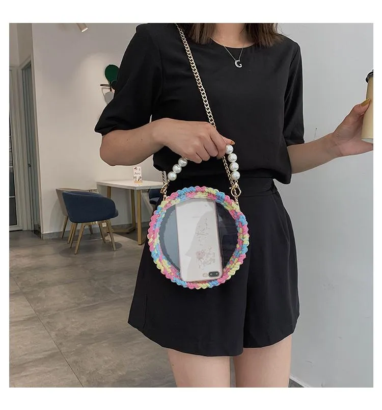 Cute Round Red(Flap) Crochet Crossbody Purse PMMA Crochet Shoulder Round Handbag for Girl Circle Crochet Crossbody Purses