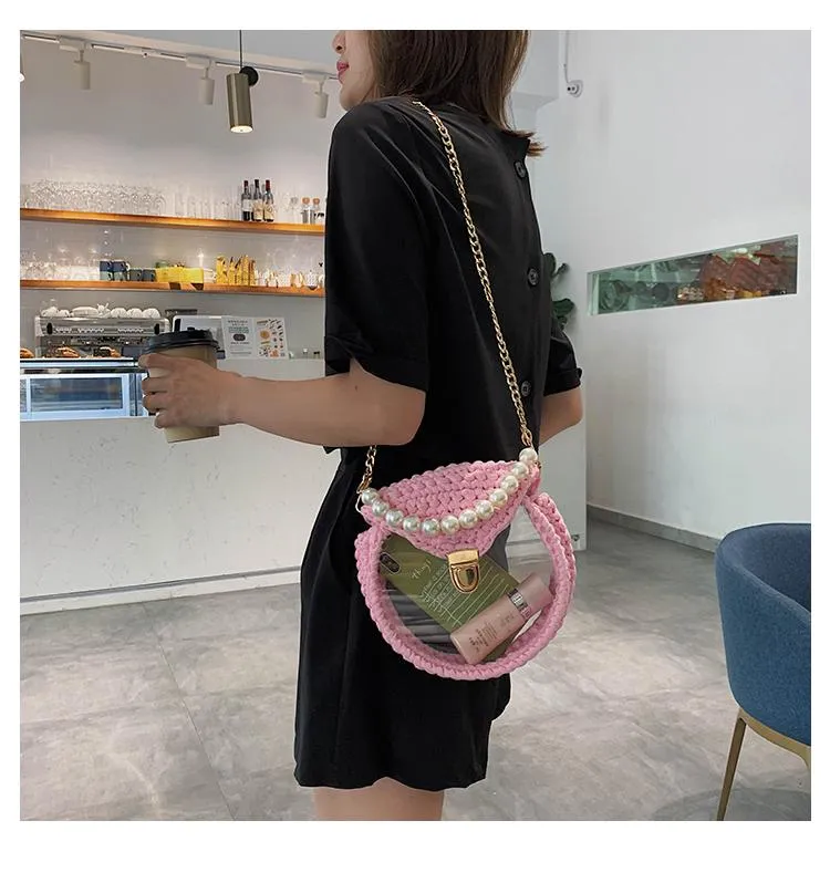 Cute Round Red(Flap) Crochet Crossbody Purse PMMA Crochet Shoulder Round Handbag for Girl Circle Crochet Crossbody Purses