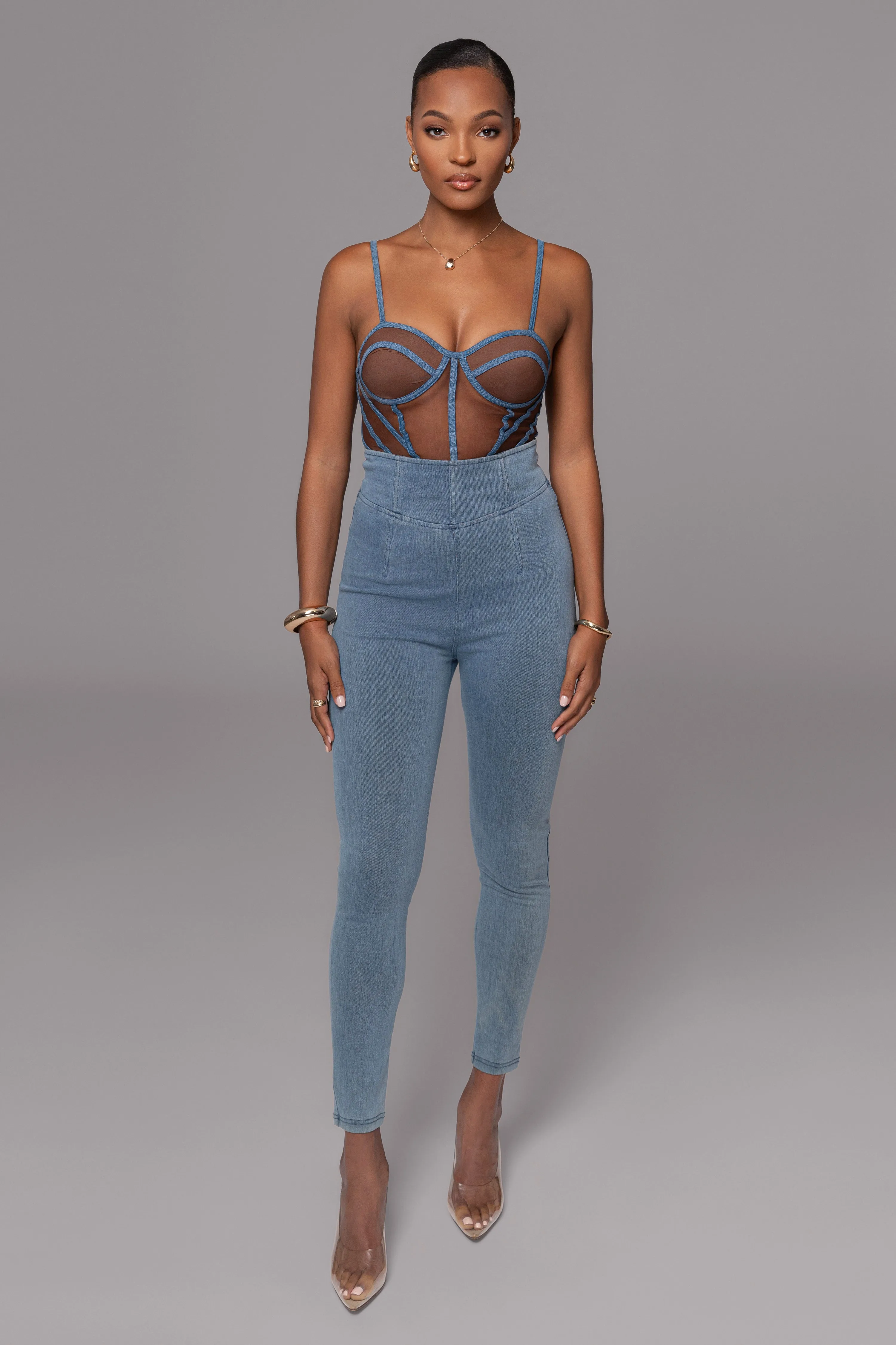 Dark Denim Illusion Mesh Bustier