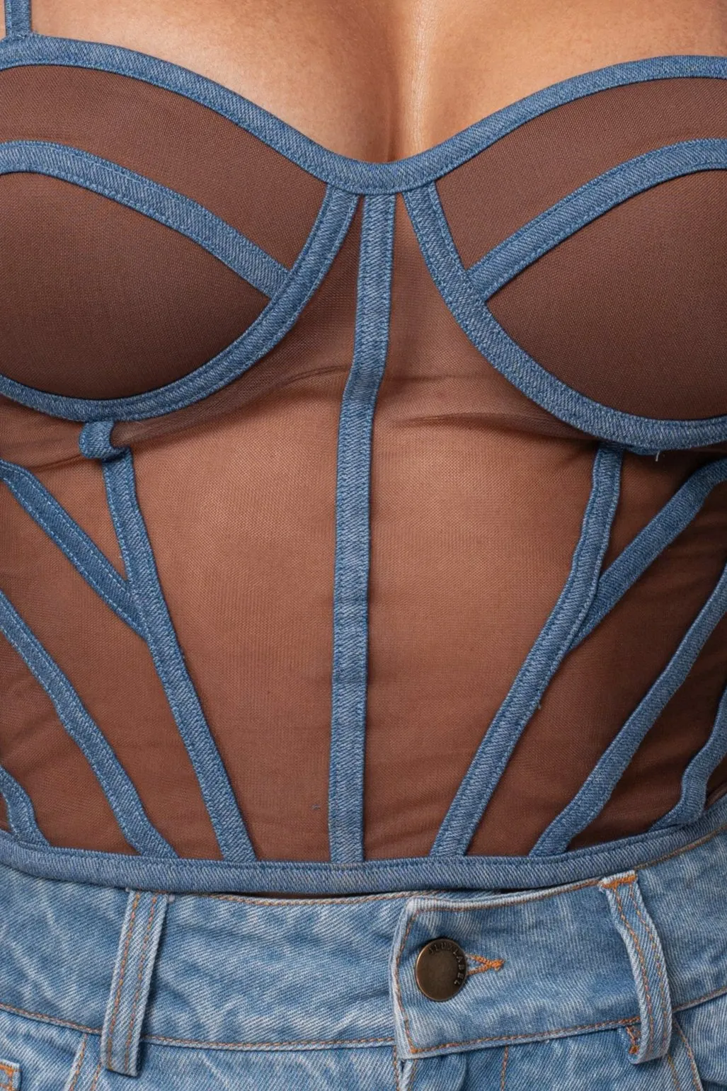 Dark Denim Illusion Mesh Bustier