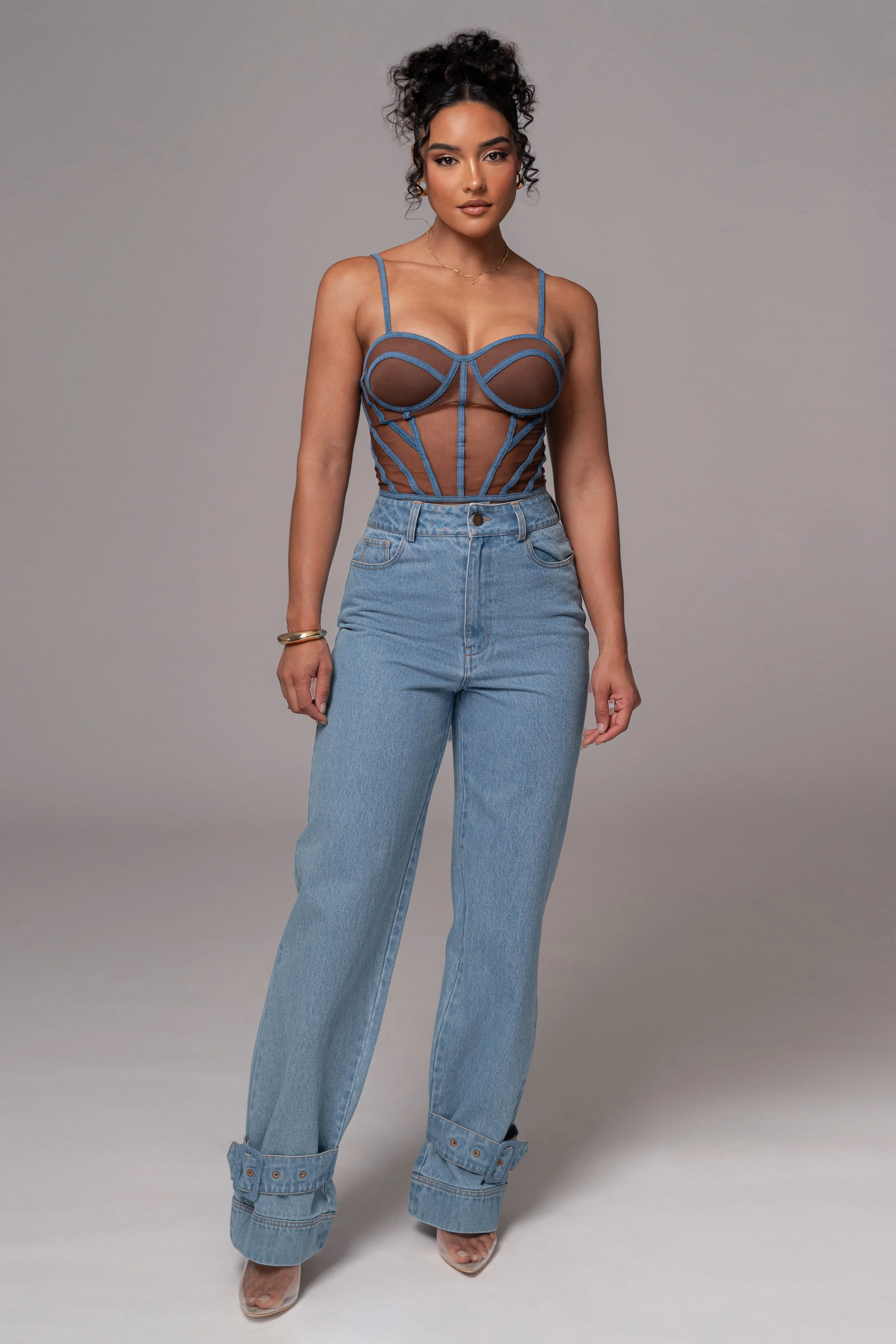 Dark Denim Illusion Mesh Bustier