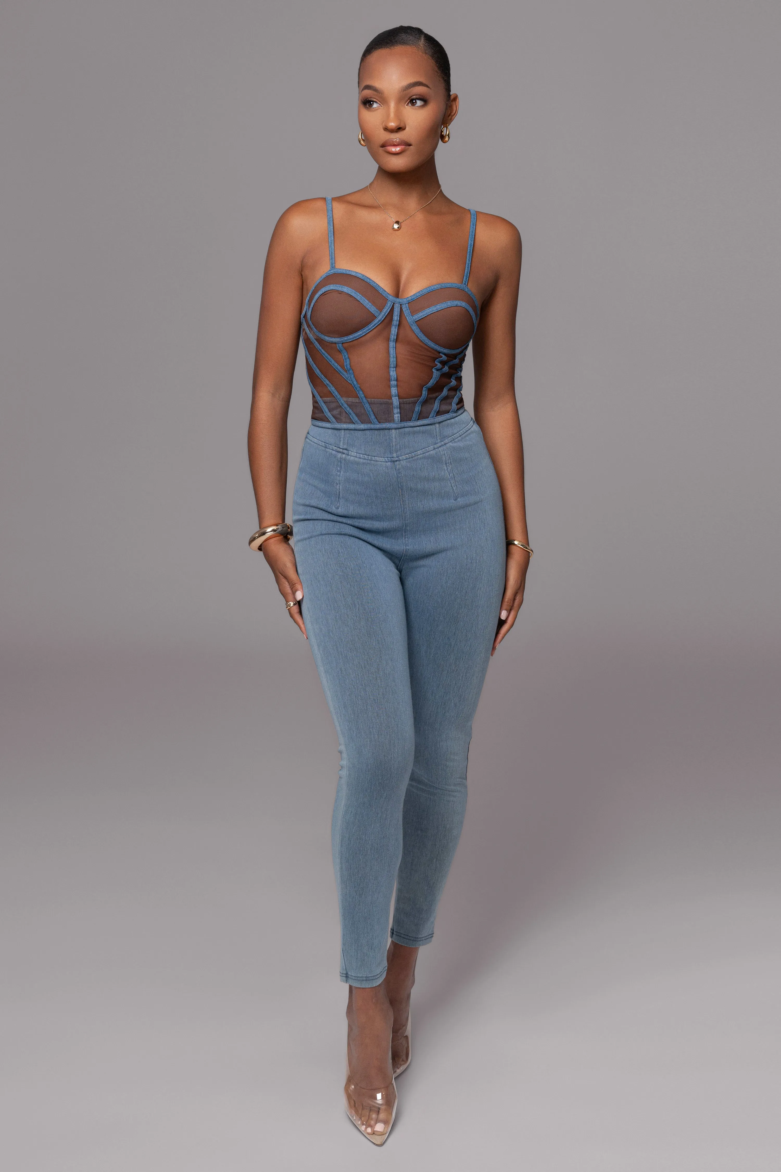 Dark Denim Illusion Mesh Bustier