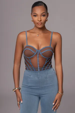 Dark Denim Illusion Mesh Bustier