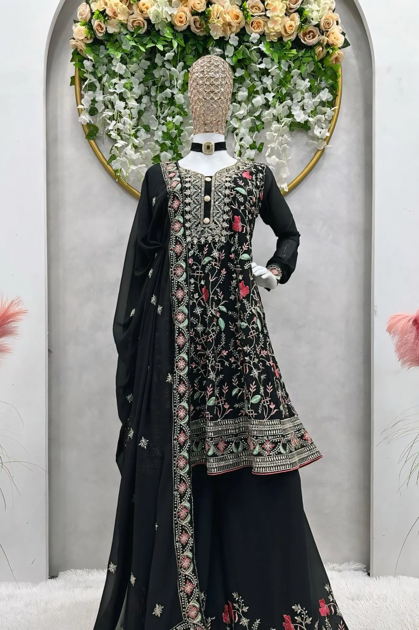 ELEGANT BLACK FLORAL WITH KALI  EMBROIDERED SUIT SET