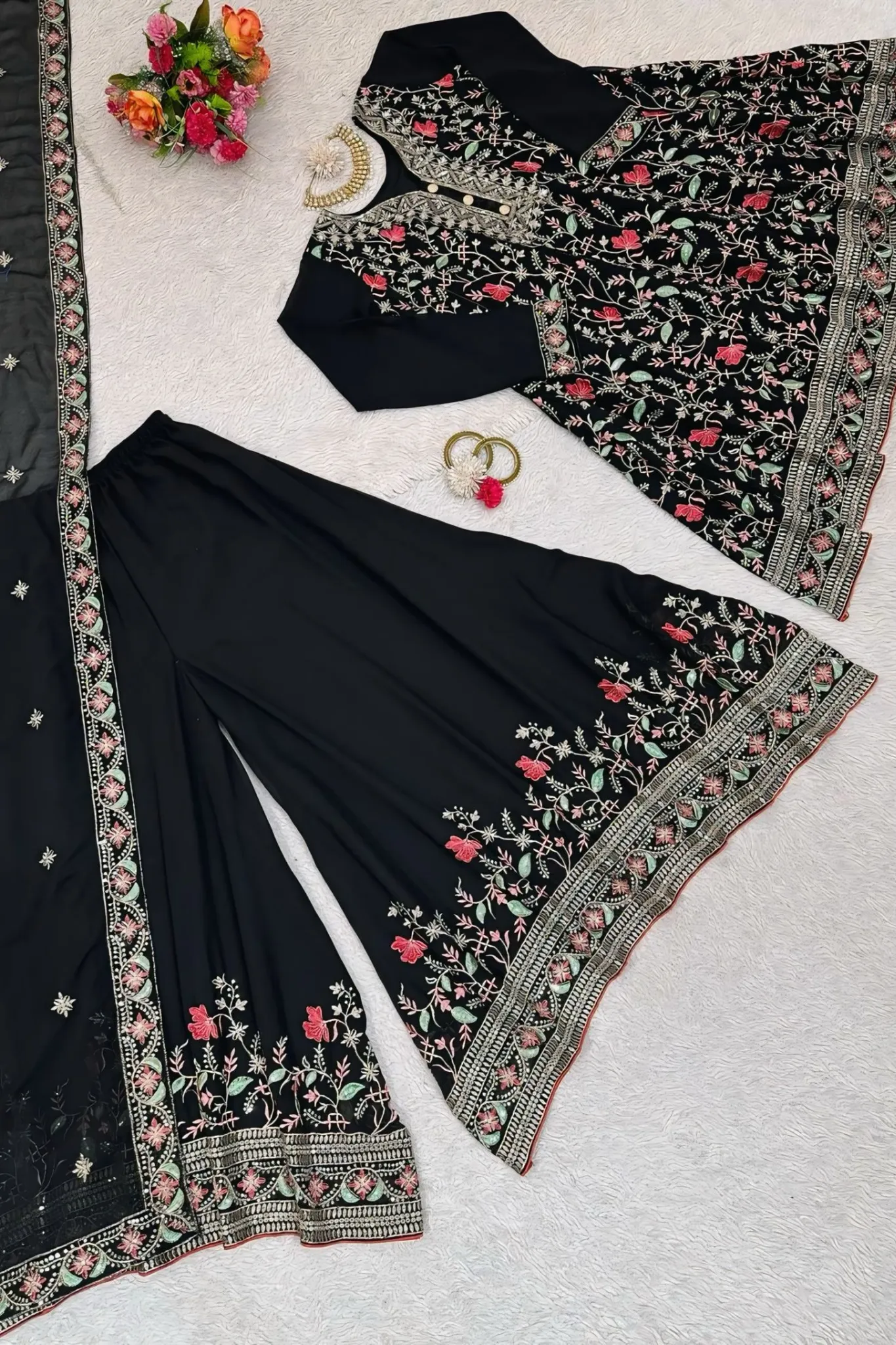 ELEGANT BLACK FLORAL WITH KALI  EMBROIDERED SUIT SET