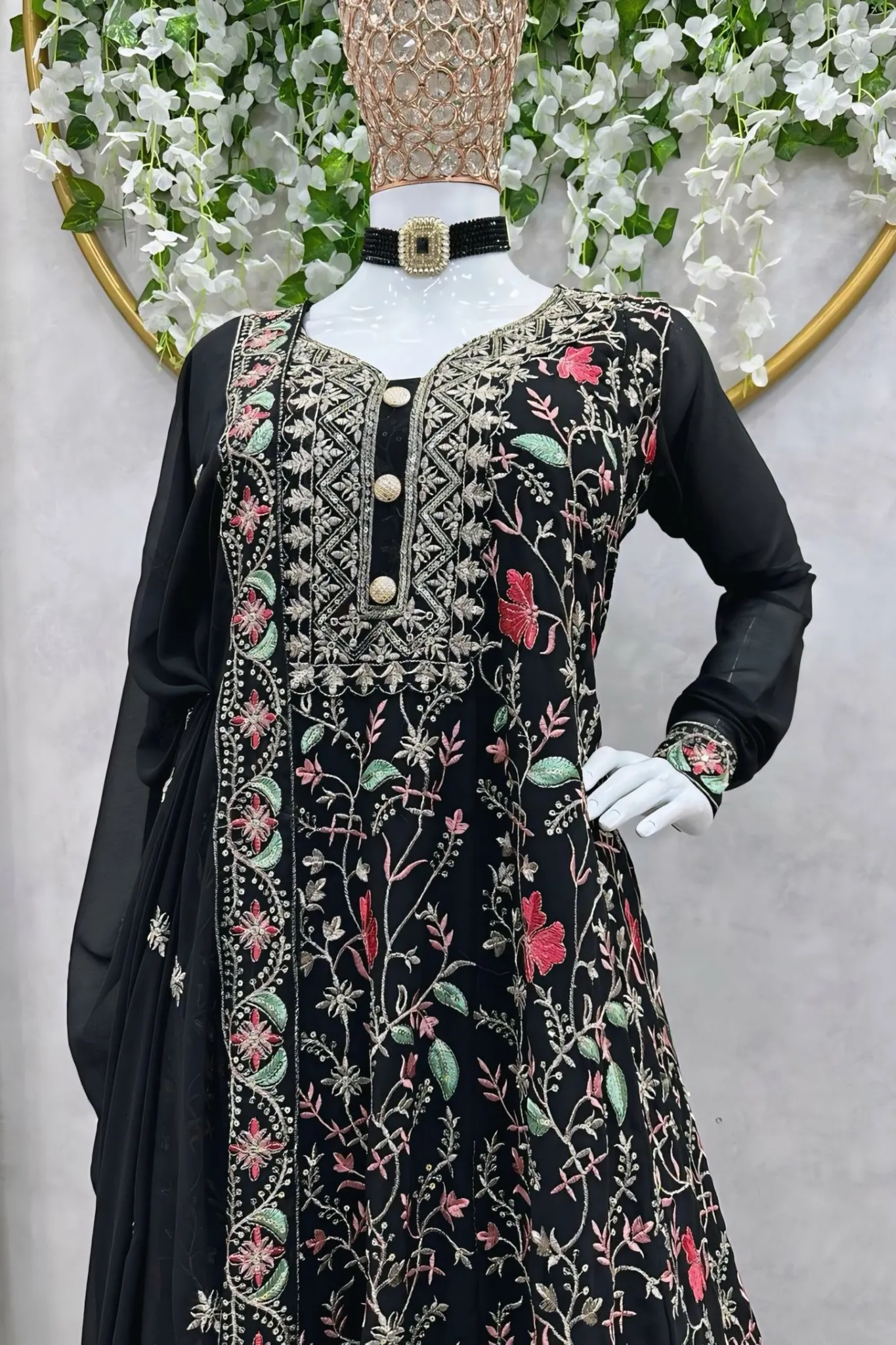 ELEGANT BLACK FLORAL WITH KALI  EMBROIDERED SUIT SET