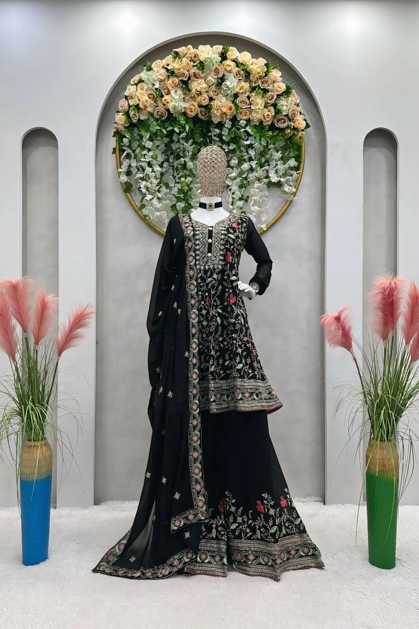 ELEGANT BLACK FLORAL WITH KALI  EMBROIDERED SUIT SET