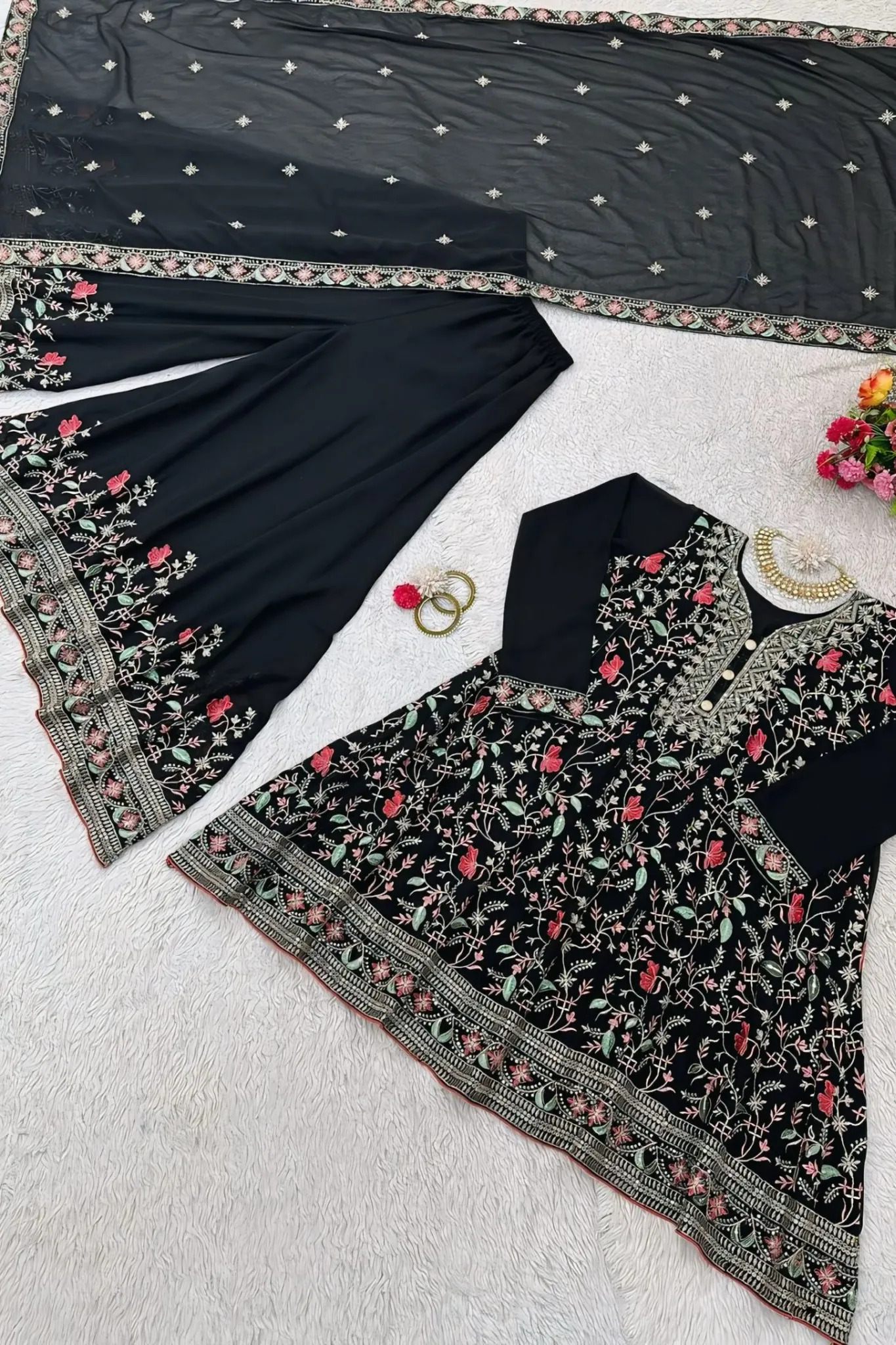 ELEGANT BLACK FLORAL WITH KALI  EMBROIDERED SUIT SET