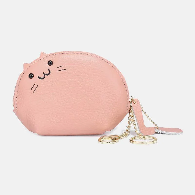 elvesmall Women Genuine Leather Casual Cute Animal Cat Pattern Mini Hanging Coin Bag Storage Bag