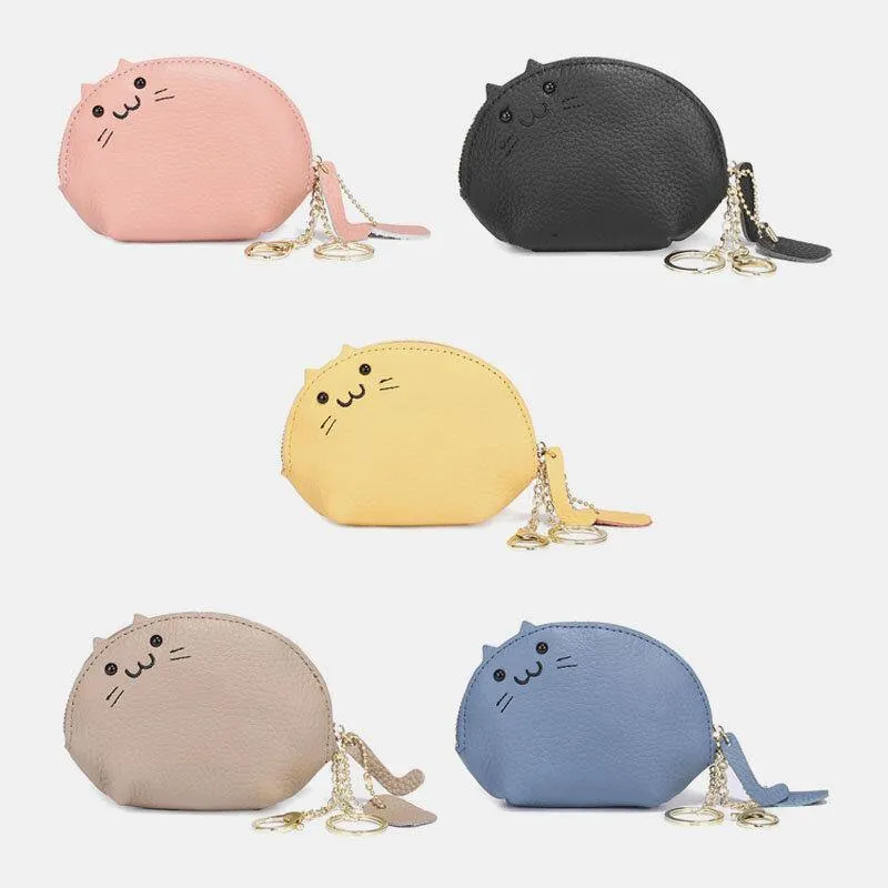 elvesmall Women Genuine Leather Casual Cute Animal Cat Pattern Mini Hanging Coin Bag Storage Bag