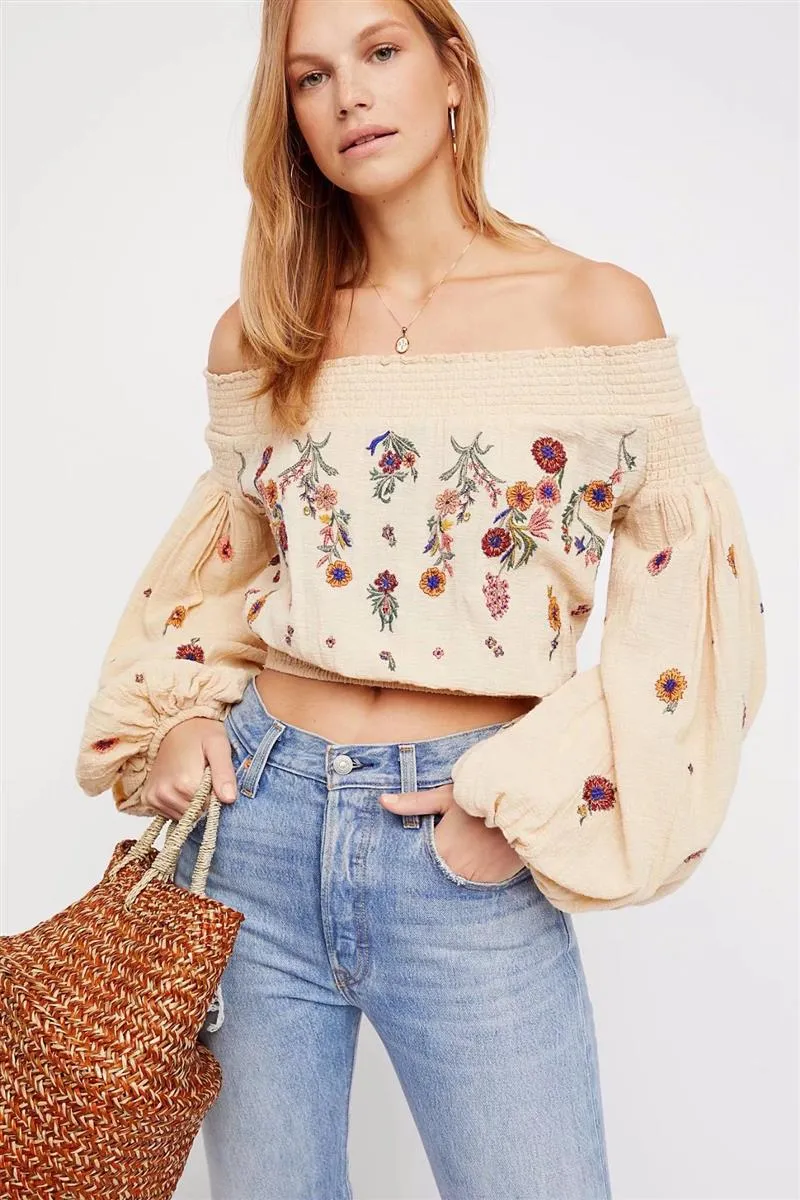 Embroidered Boho Cropped Lantern Sleeve Top