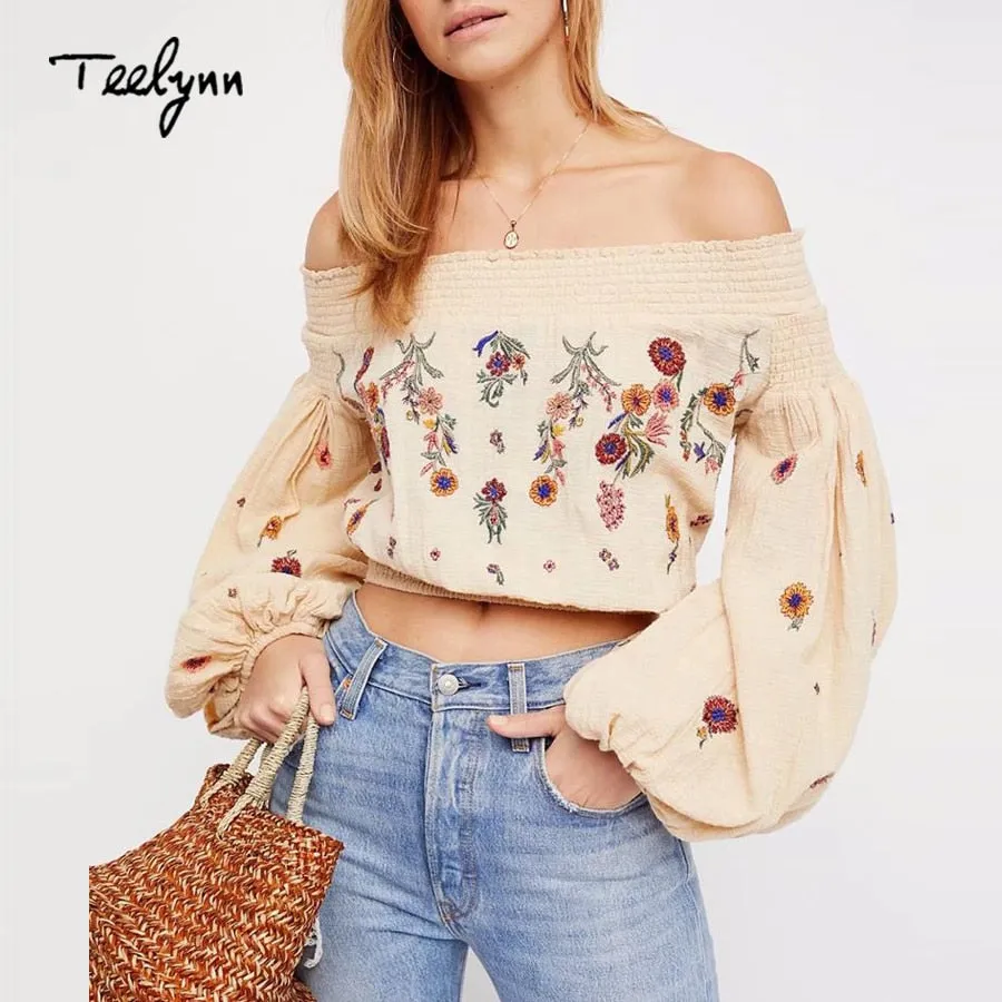 Embroidered Boho Cropped Lantern Sleeve Top