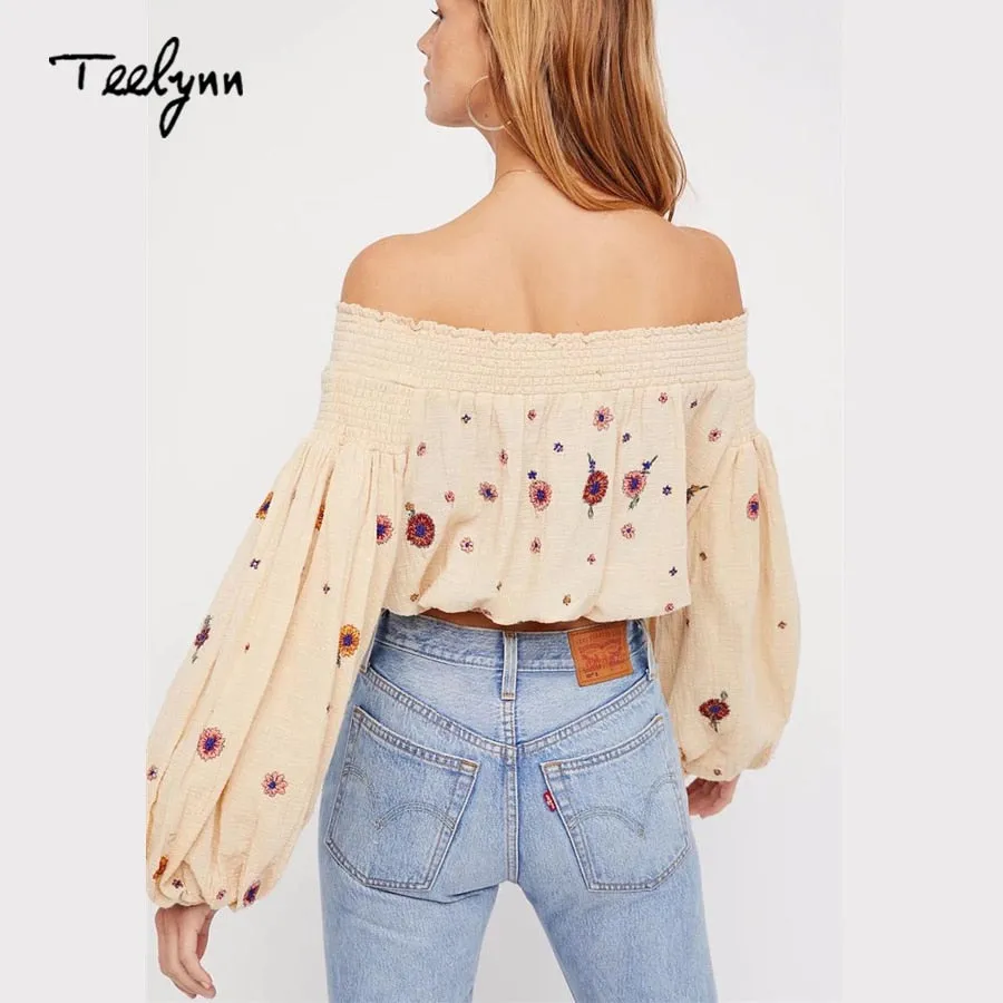 Embroidered Boho Cropped Lantern Sleeve Top