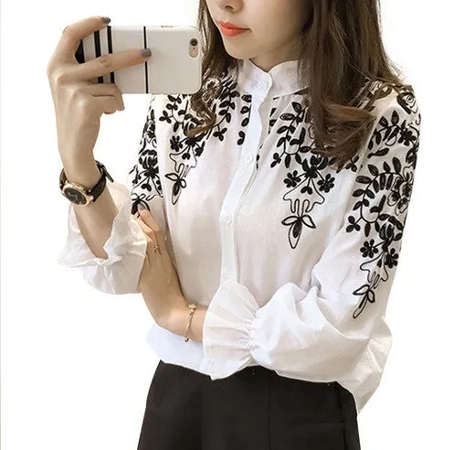 Embroidered Floral and Leaves Linen Cotton Blouse