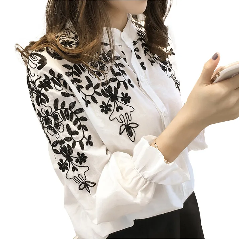 Embroidered Floral and Leaves Linen Cotton Blouse